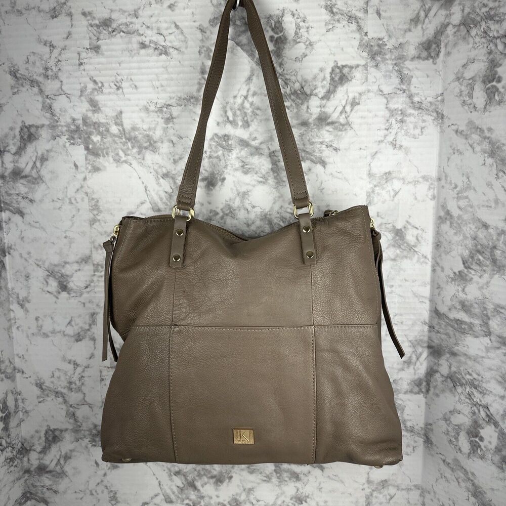 Kooba‎ Womens Pebbled Leather Large Tote Bag Purse Brown Gray Taupe Outer Pocket